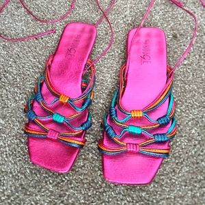 Metallic rainbow string up sandals size 7.5
